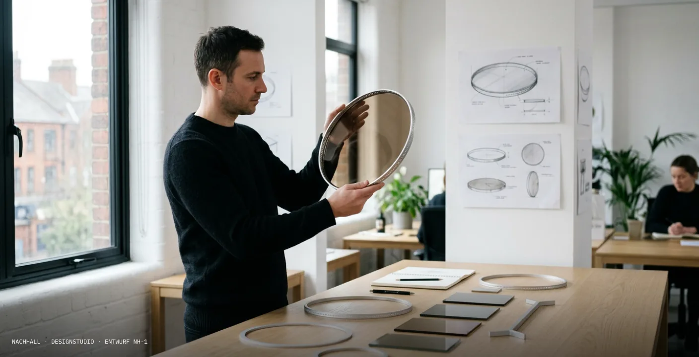 Der Designer hält die Rauchglas-Scheibe vor einer Wand mit Entwurfsskizzen, im Studio liegen Alu-Ringe und Glasmuster auf dem Tisch.